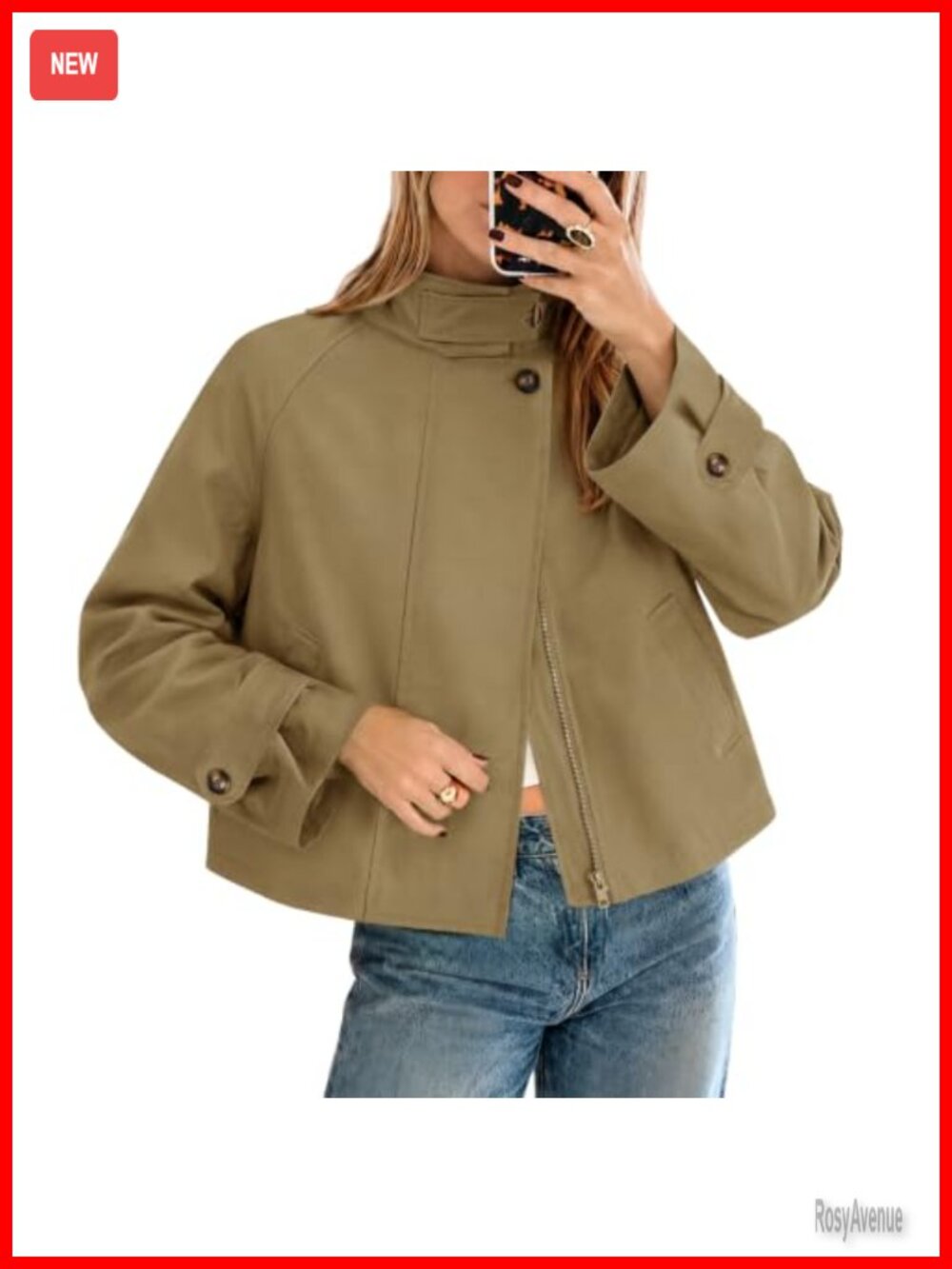 Yousify Cropped Trench Coat Funnel Neck Zip Up Jacket